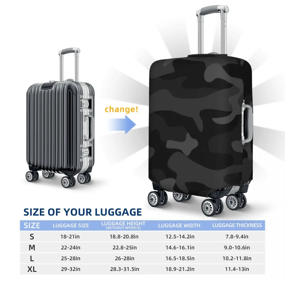 Juste de bagage de voyage à motif CamSolomon noir personnalisé, housse élastique, housse de valise camouflage militaire de l'armée, protecteur, convient à 18-32"