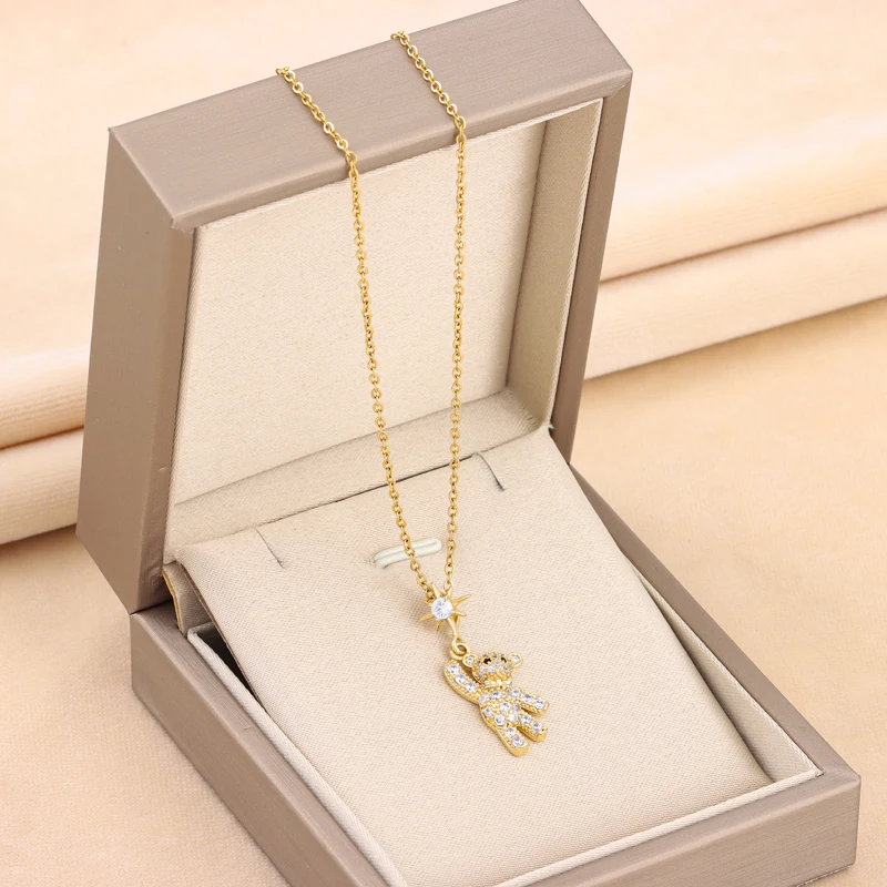 New Cute Hello Bear Pendant Necklaces For Women Temperament Fashion Stainless Steel Female Clavicle Chain Ladies Neck Jewelry