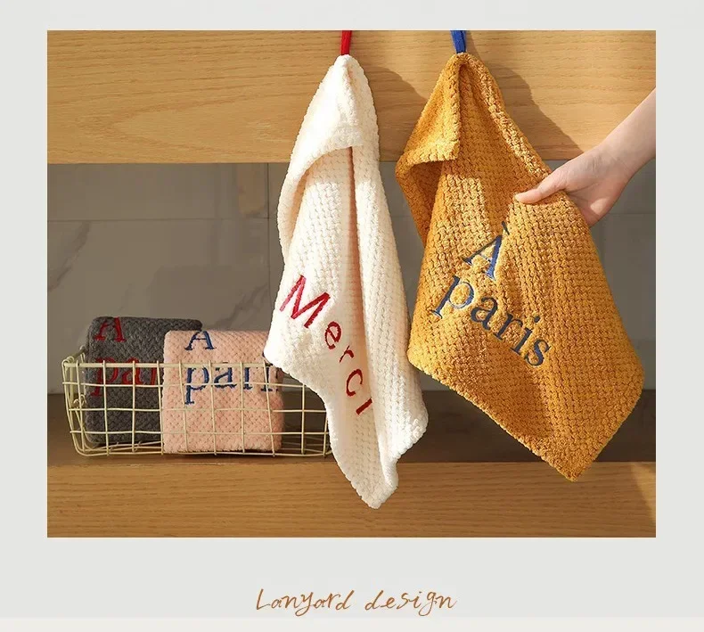 Nordic Hanging Hand Towel Embroidery Thickened Coral Velvet Absorbent Small Towel Kitchen Bathroom Home Decor Wall Mount Towel