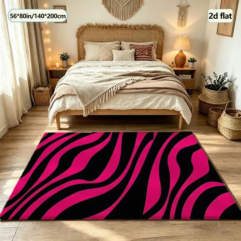 Black Hot Pink Zebra Stripe Carpet, Stylish Square Carpet, Non-Slip and Wear-Resistant Floor Carpet Suitable for Home Interior Decoration