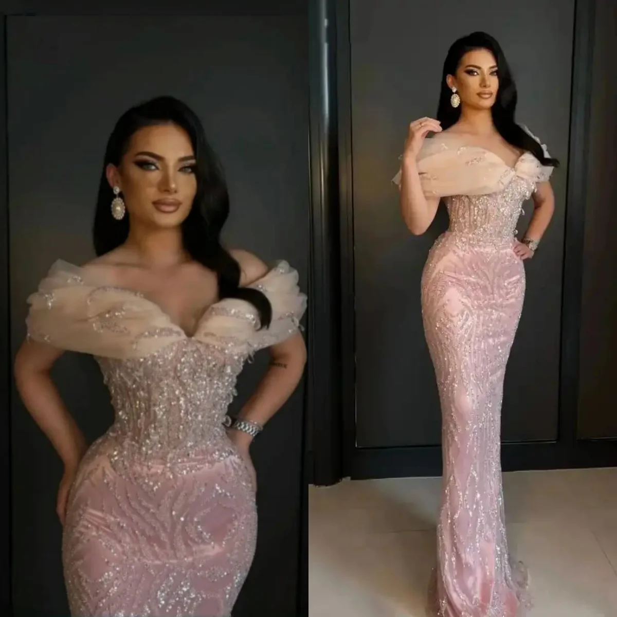 

Stunning Sequins Evening Dresses Off Shoulder Sleeveless Mermaid Prom Gowns Crystal Sweep Train Customized Party Dresses