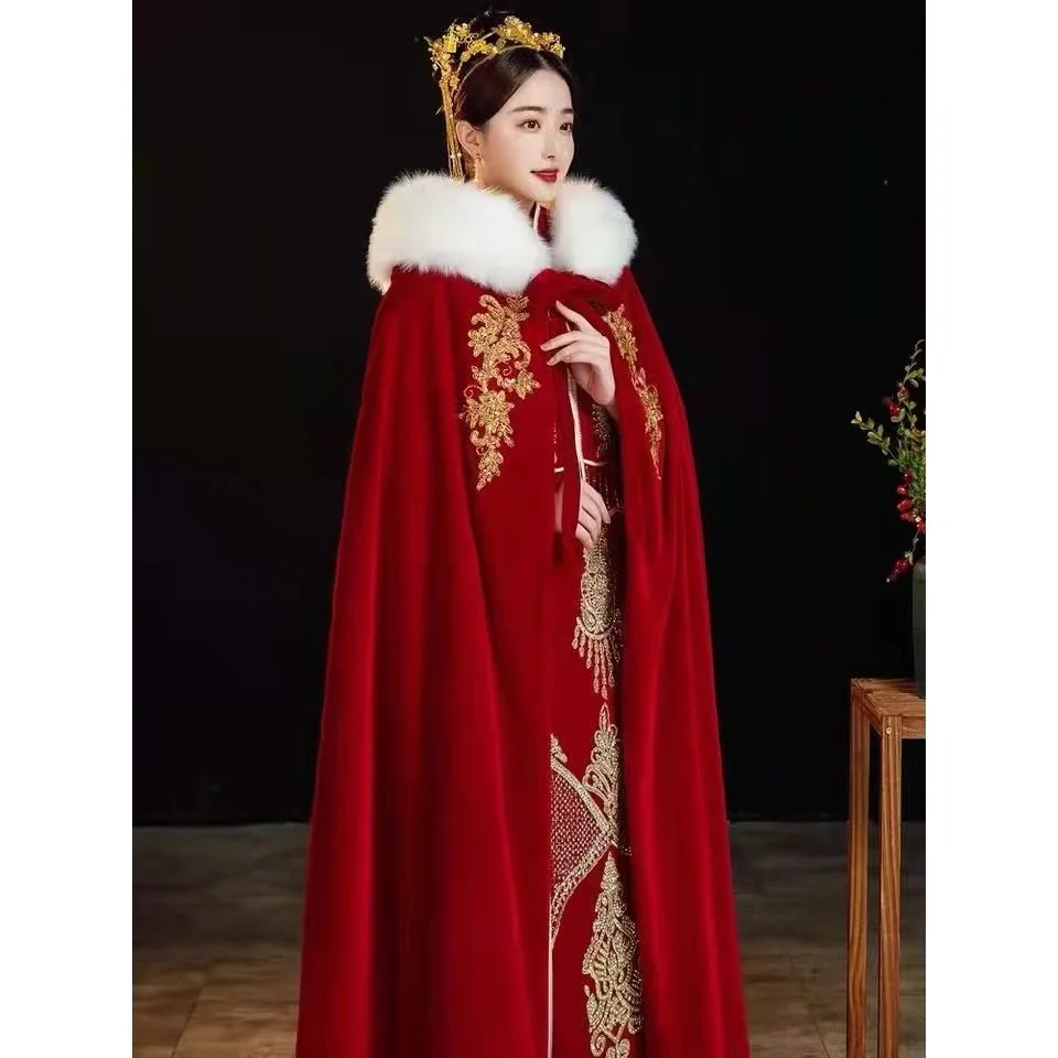 Cape de mariage en velours de style chinois classique, longue, chaude, épaisse, rouge, hiver, cape vintage, costume de patients festifs, accessoires Hanfu