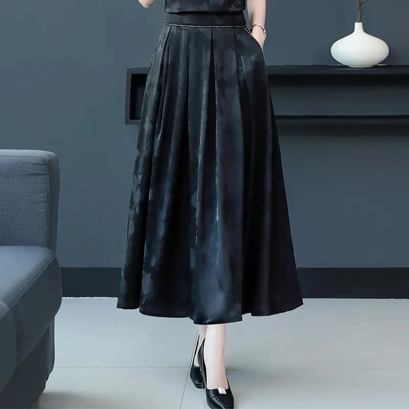 2024 New Elegant Retro Pleated Skirt Women's Clothing middle-aged Elderly Mothers Spring Summer Jacquard A-line Wrap Skirts 131