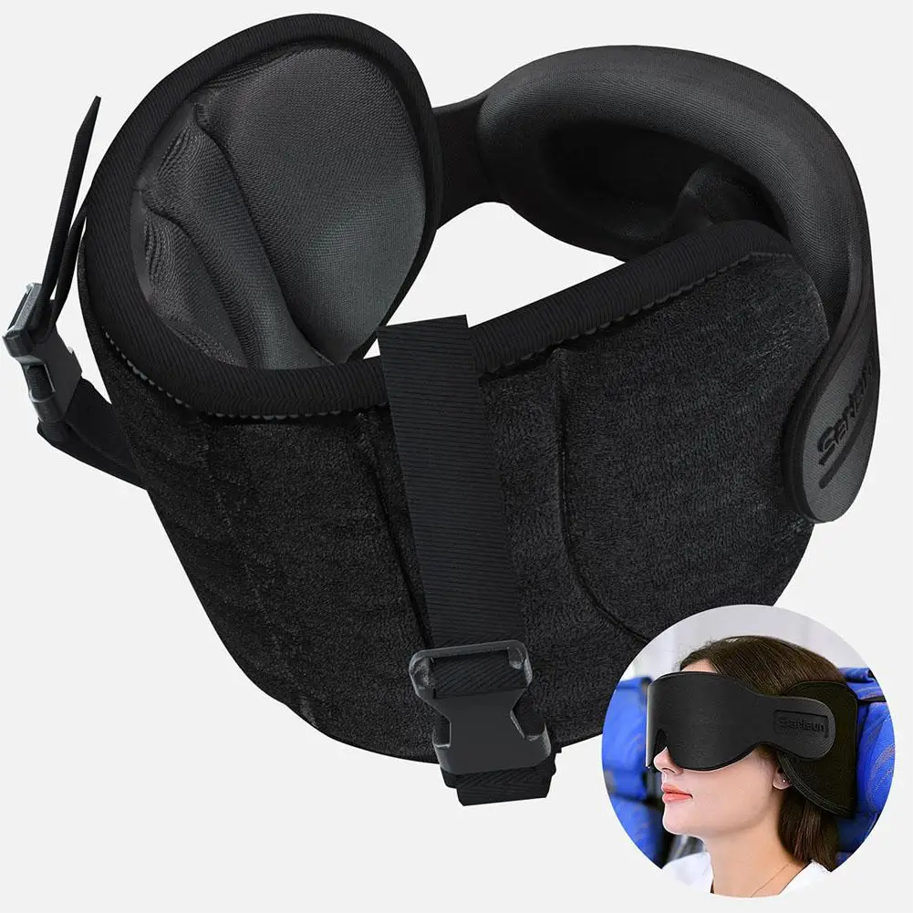 Travel Sleep Mask with Headrest Strap Airplane Head Neck Support Pillow Adjustable Light Blocking Eye Mask for Long Flight