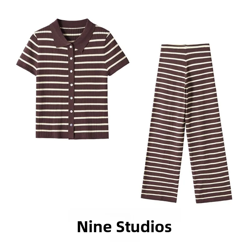 

NINE ZAR Women's Knitted Drape Stripe Short Sleeve Top And Long Pants Set Fashionable Four Seasons Wear Comfortable Breathable