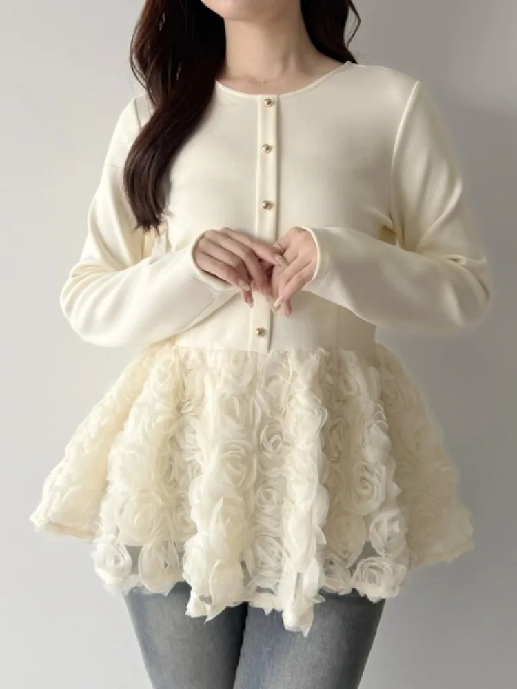 Elegant Embroidered Petal Splicing Long Sleeve Sweatshirt Women's Fashionable Puffy Top Heavy Work Korean Style Autumn New Ar...