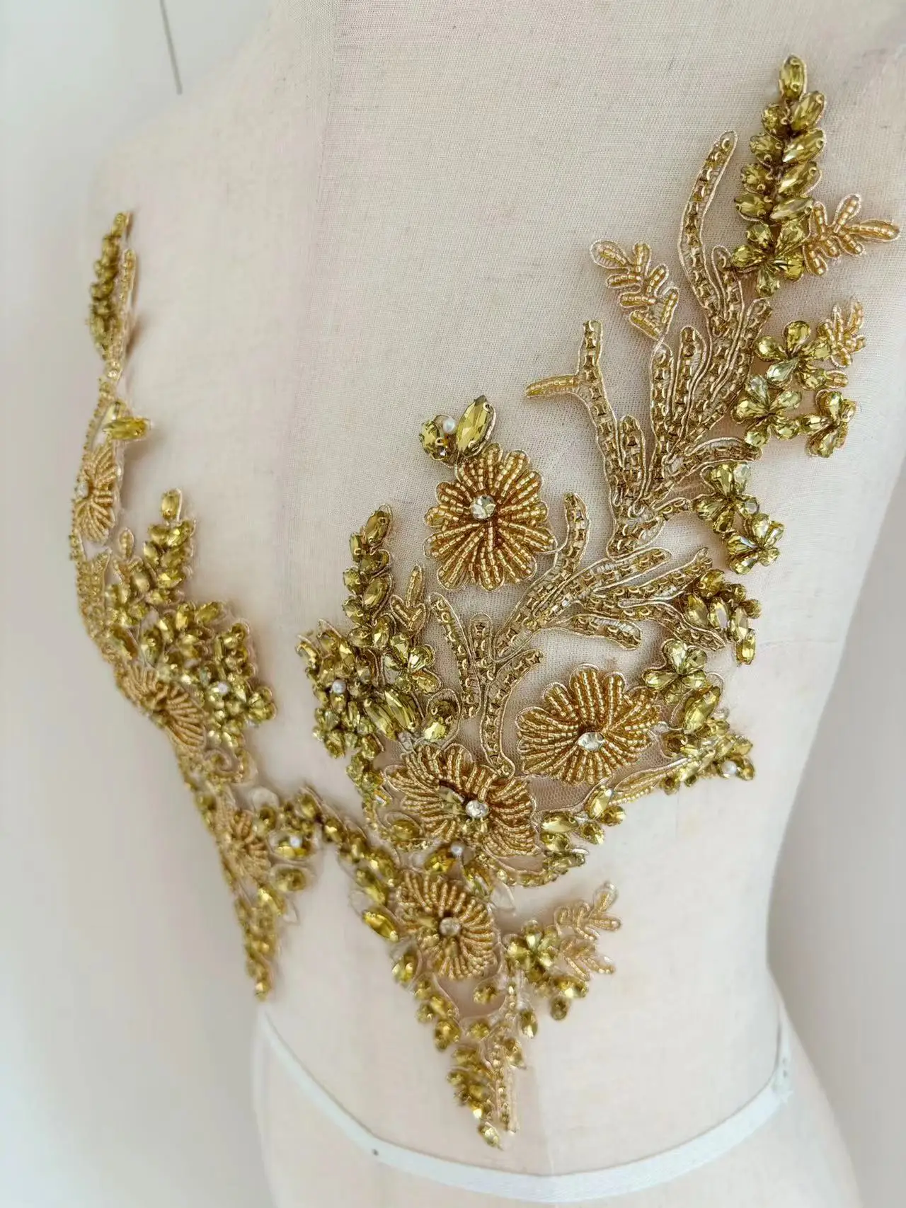 Gold Rhinestone Applique Heavy Glass Beaded Flower Patch for Corset,Wedding Dress,Ball Gown