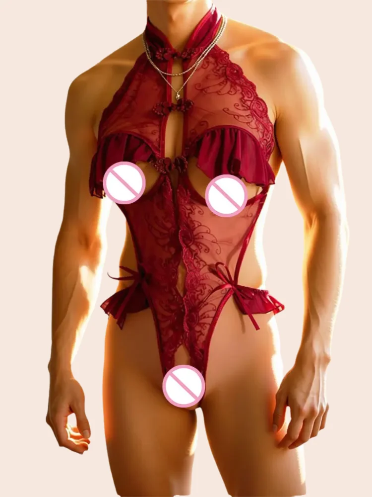 

Sexy porno lingerie plus size men's See-through crotchless cheongsam flirtatious pajamas Binding uniforms expose back bodysuit