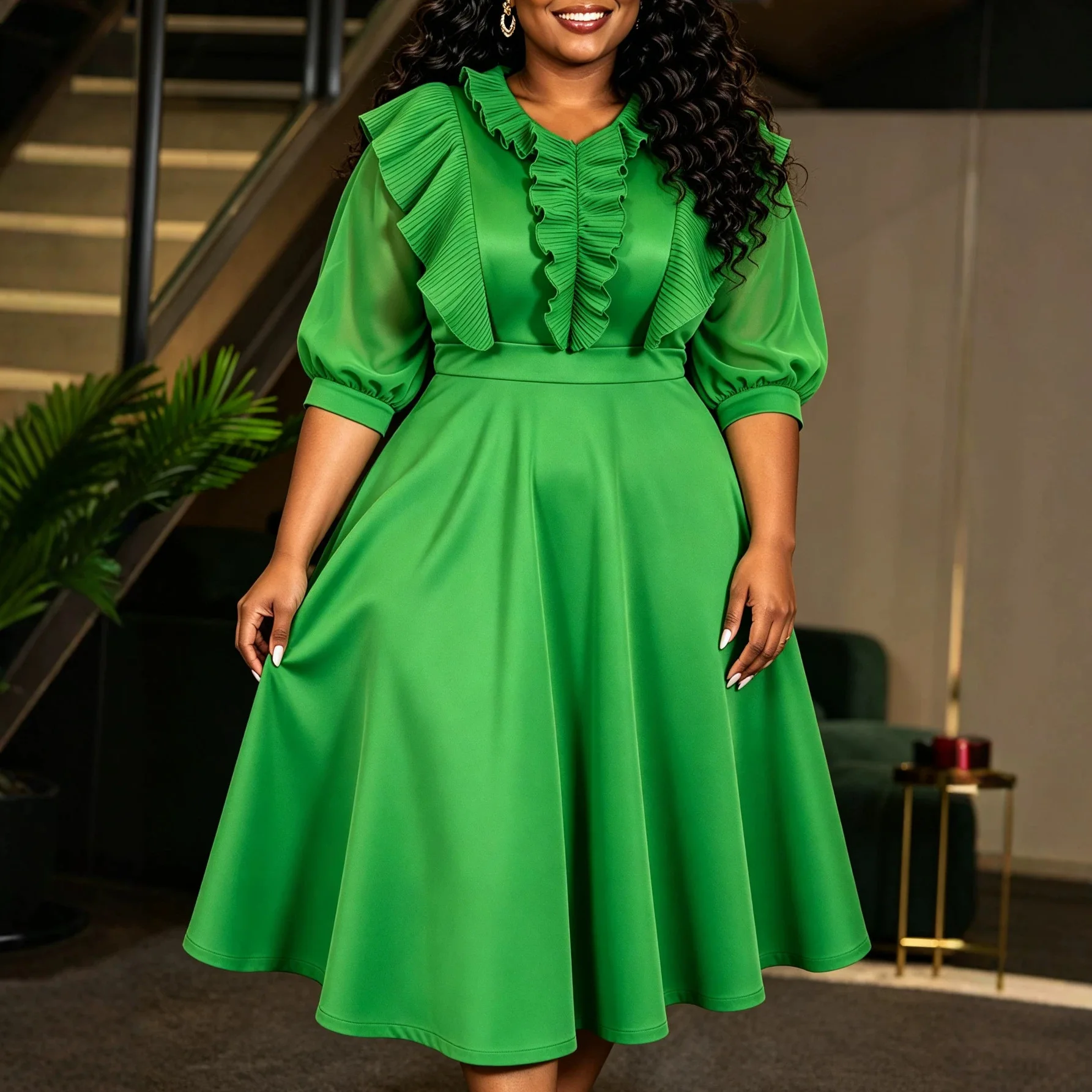 African Women A Line Chiffon Dress Ruffles V Neck Puff Sleeves Elegant Africa Female Wedding Guest Evening Church Party Gowns