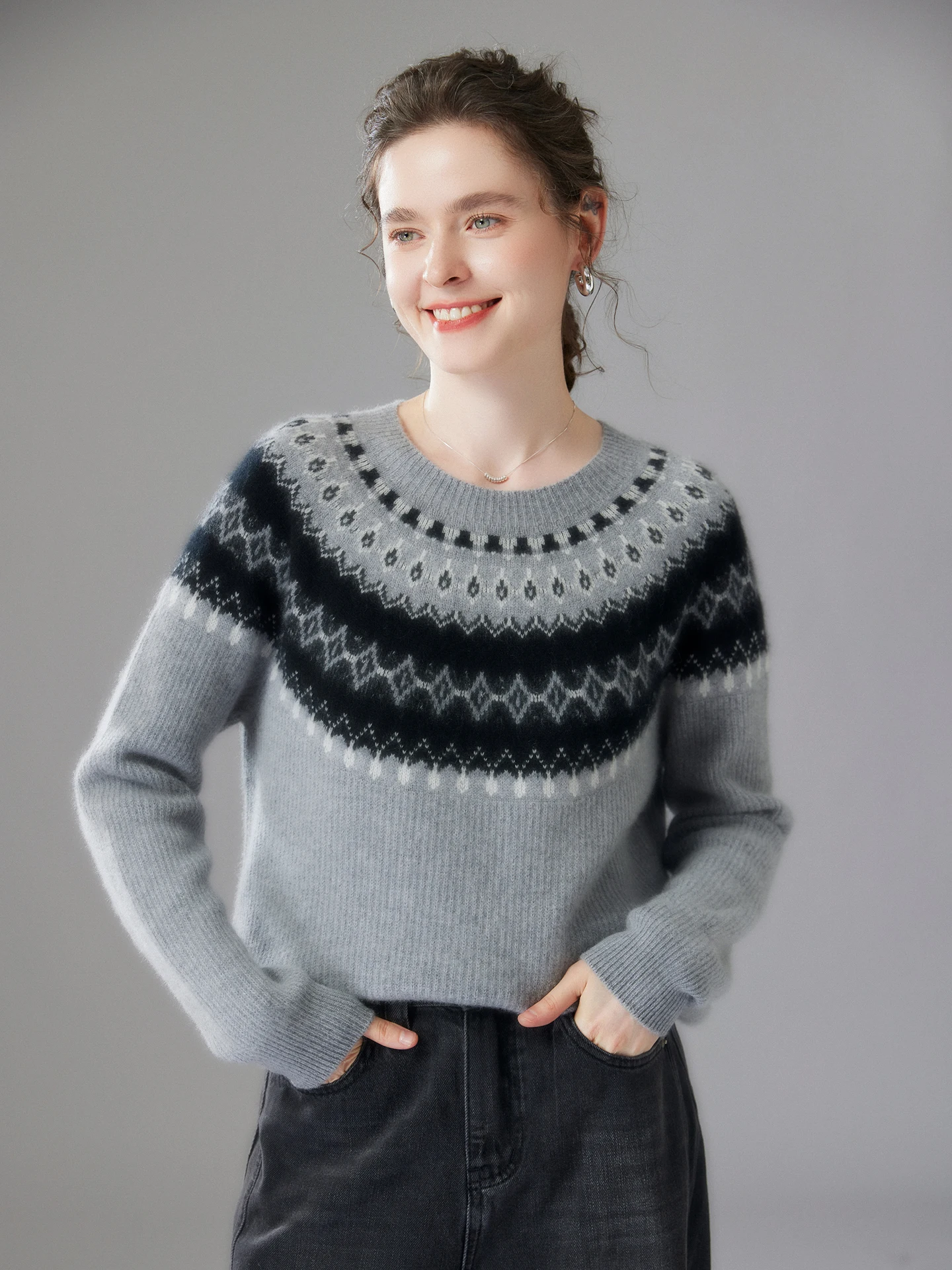 

Women New Retro 100% Pure Cashmere Pullover Sweater Autumn Winter O-neck Fair Isle Jacquard Knit Long Sleeve Tops Soft Comfort