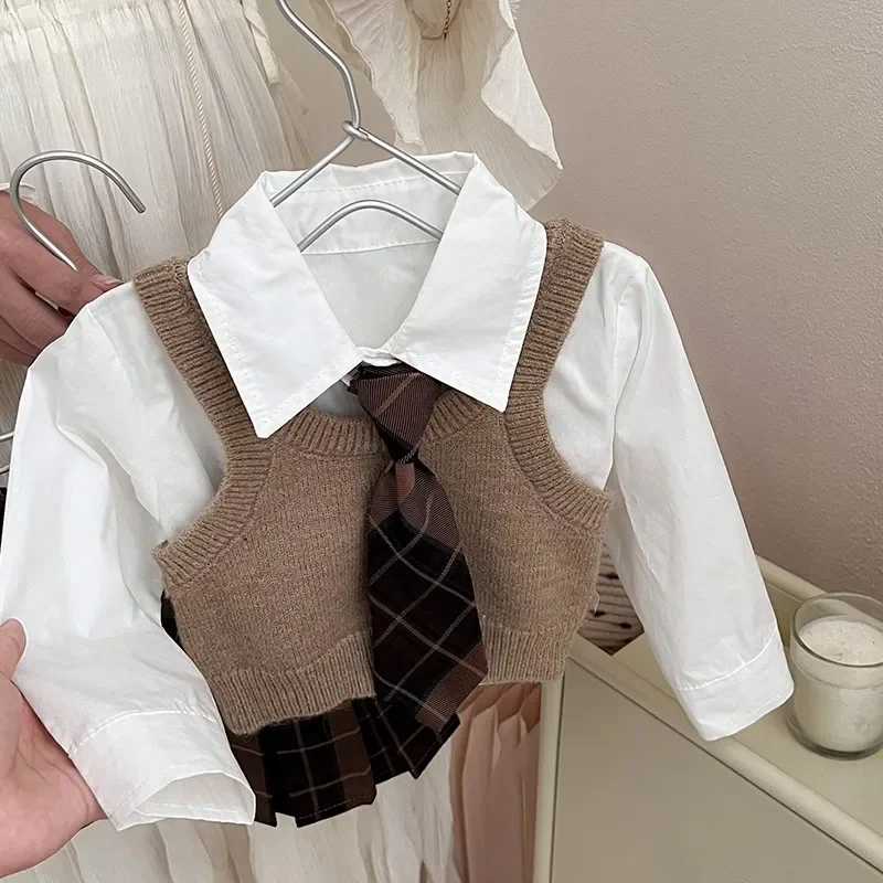 Childrens Clothing Set 2025 Autumn New Item Childrens Shirt Knitted Vest Short Skirt Three Piece Set Toddler Girl Clothes