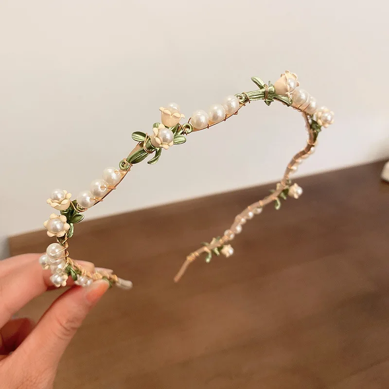 Pearl Flower Leaf Hair Band for Women High Skull Top Pressure Fashion Floral Charm HairBands Versatile Hair Accessories