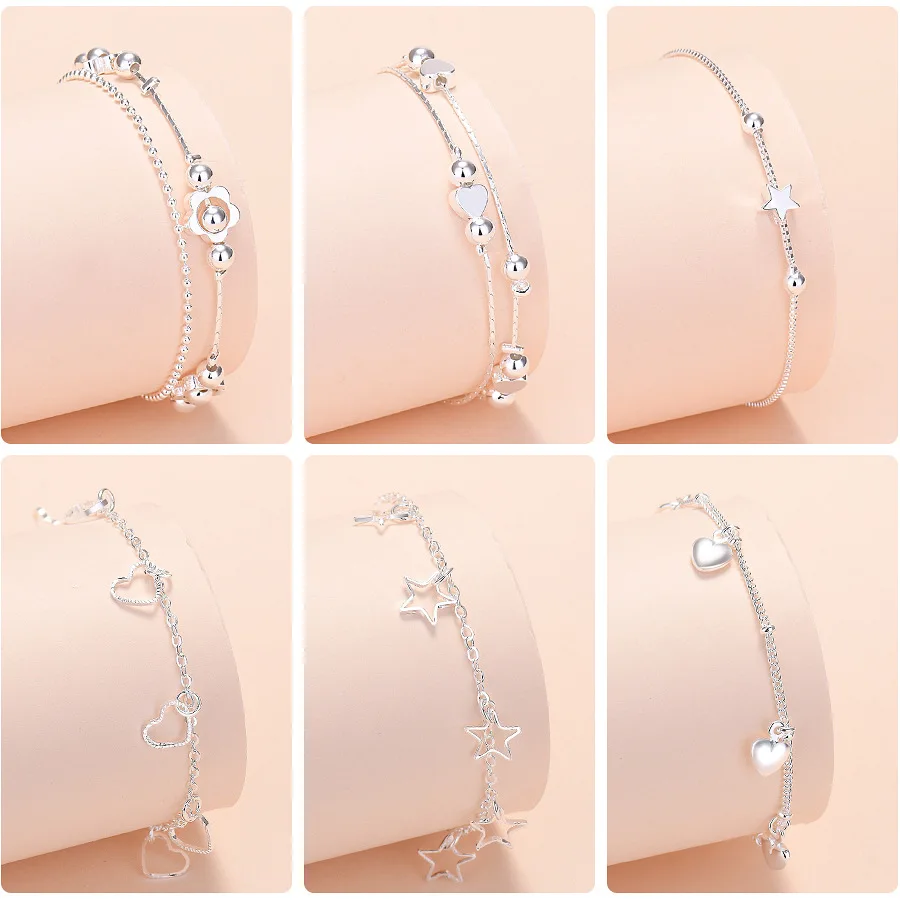 925 Sterling Silver Heart & Star Chain Bracelet