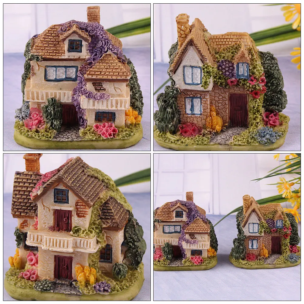 4Pcs Mini House Ornament Resin Crafts Vivid Unique House-Shaped Design Micro Landscape Adornment Miniature House