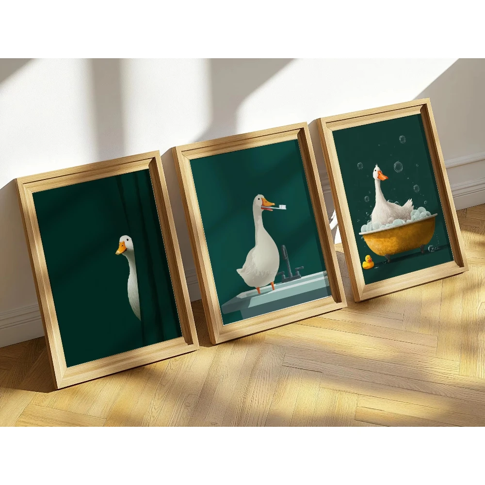 Retro Green Toothbrush Cartoon Goose Frameless Poster Funny and Cute Animal Bathroom Canvas Art Home Bathroom Decor Gift