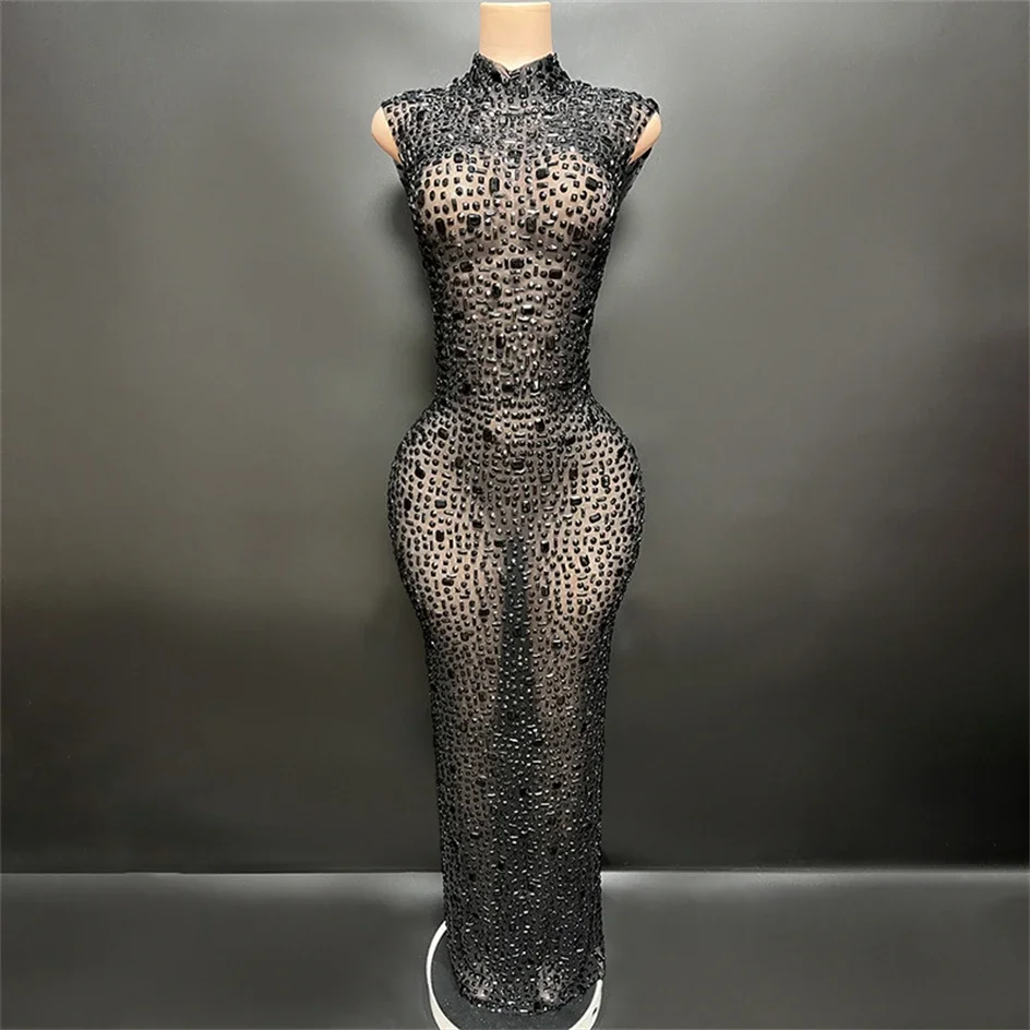 

Party Performance Bar Nightclub Singer Dancer Stage Wear Luxury Rhinestone Black Sexy See Through Backless Sheath Dress Evening