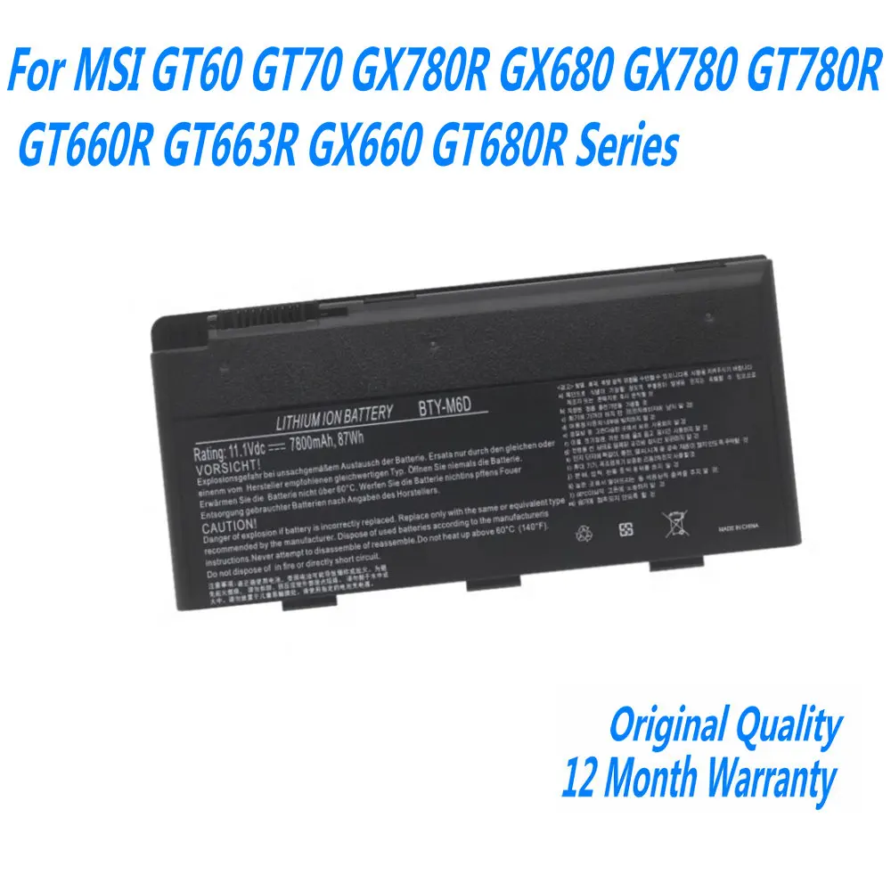 

NEW BTY-M6D Battery For MSI GT60 GT70 GX780R GX680 GX780 GT780R GT660R GT663R GX660 GT680R Series 11.1V 7800mAh