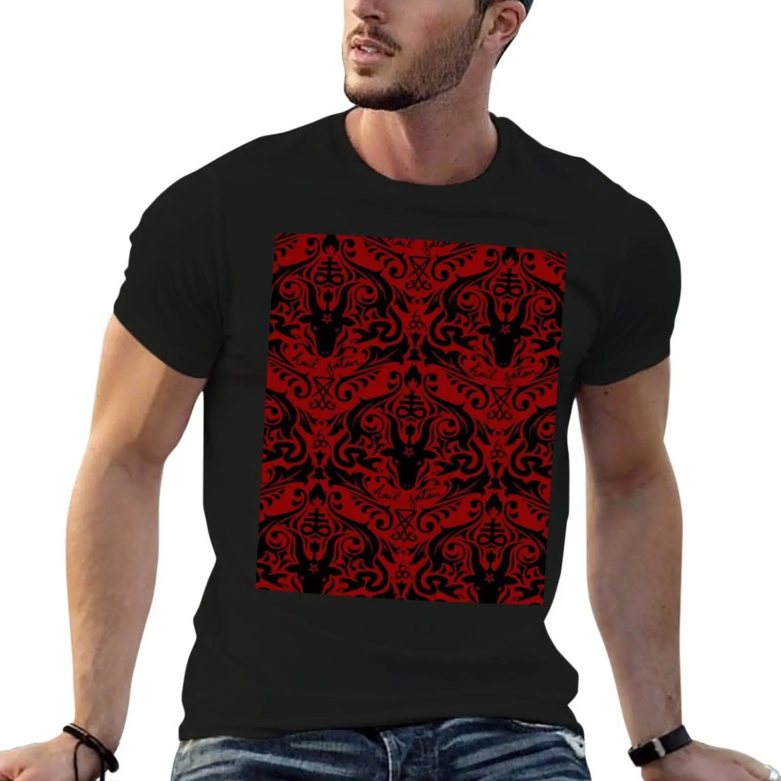 

Damask - Hail Satan (Black & Red default) T-Shirt Blouse quick drying graphic t shirt vintage mens fashion