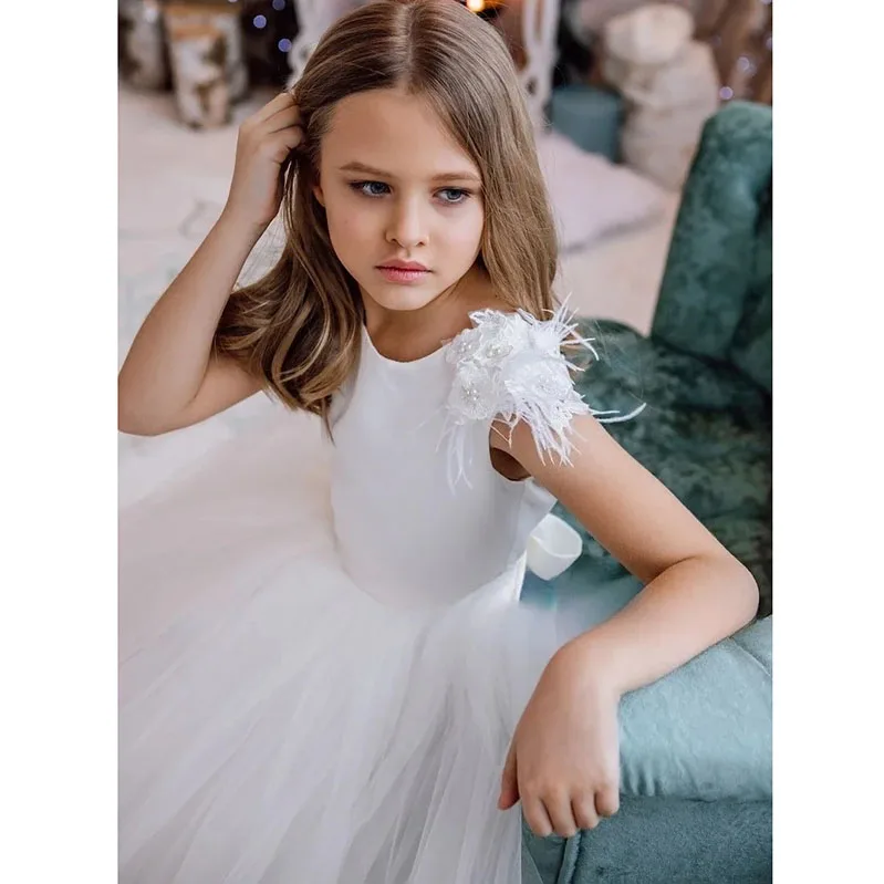 Lace Short Tulle Pageant Dresses for Girls Ball Princess Gown Satin Girl Dress Toddler Party Ivory Feathers Flower Girl Dress