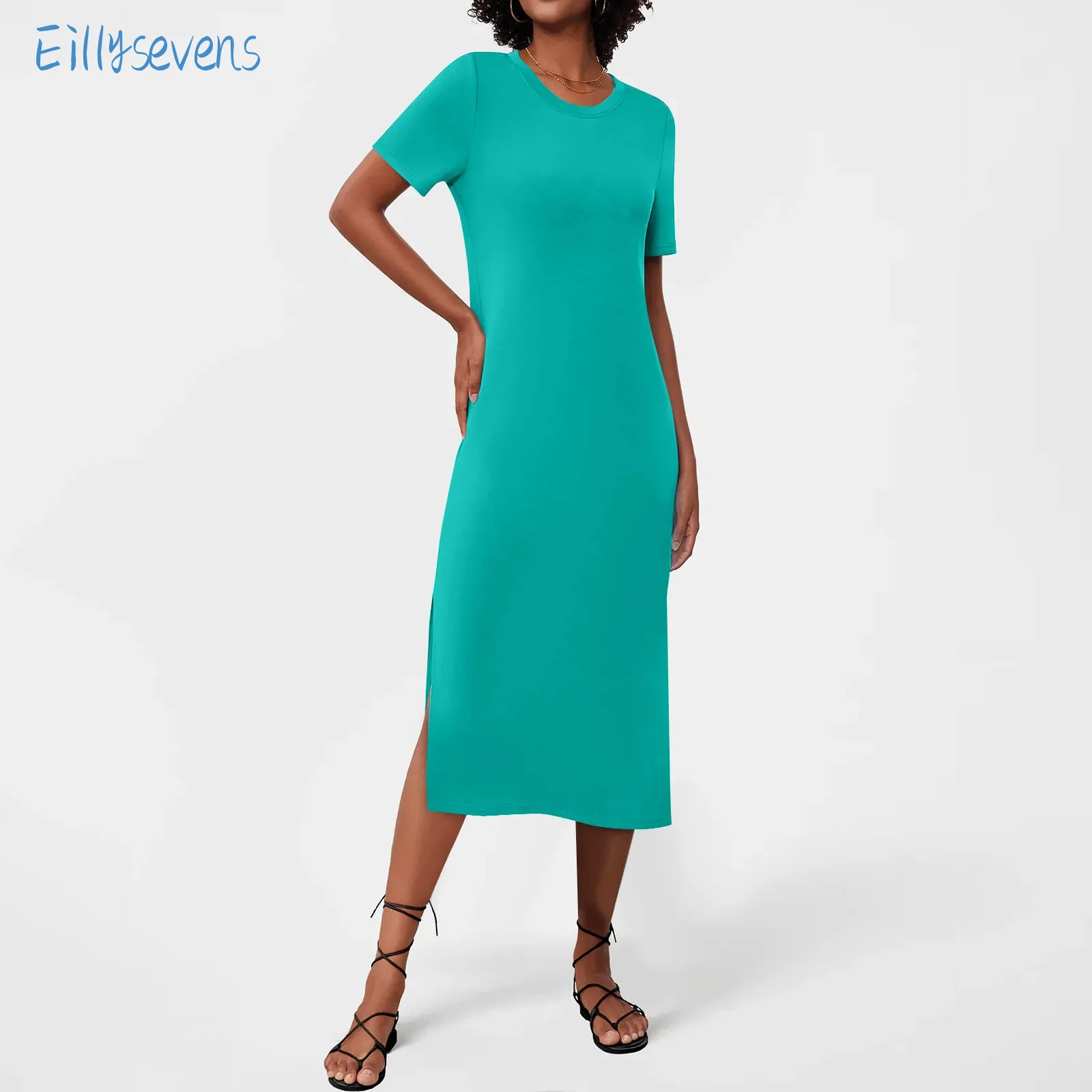 

Women Traight Dresses Summer New Simple Solid Casual Round Neck Short Sleeve Long Dresses Classic All-Match Daily Commute Dress