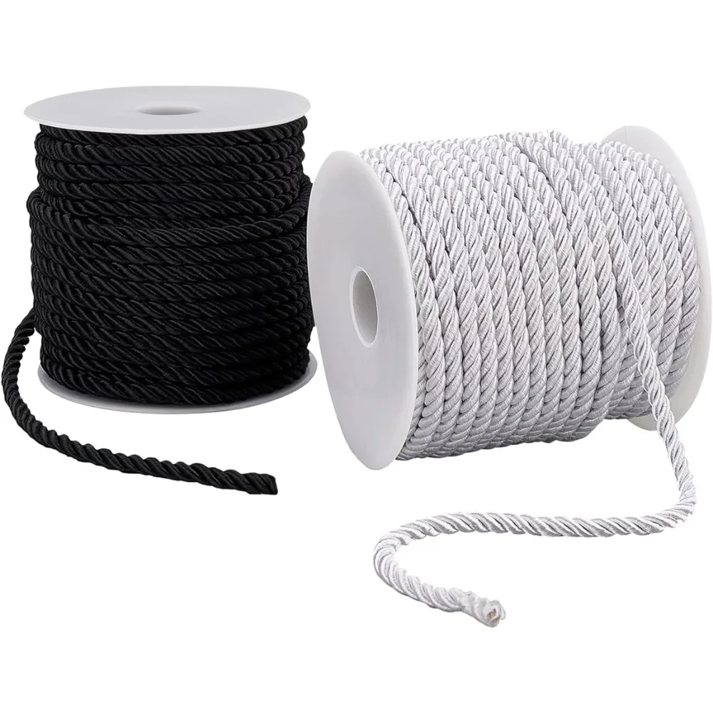 

3mm Twisted Trim Cord 54 Yards Decorative Braided Rope Twine White Satin Shiny Cord Black Drawstrings Bag Cord for Halloween