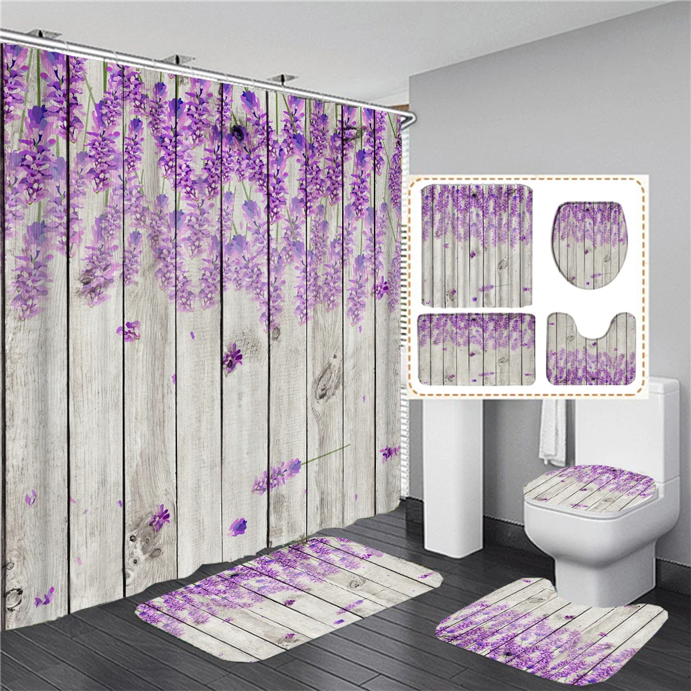 Plank lavender Pattern Shower Curtain Set Toilet Cover Rug Carpets Non-slip Kitchen Bath Mat Wooden Board Bathroom Sets Decor