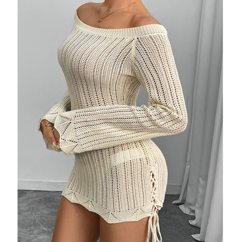 ビーチカバーアップワンショルダーニットドレス、カットアウト、スリムでファッショナブルな巾着長袖ビーチフィギュアハグドレス