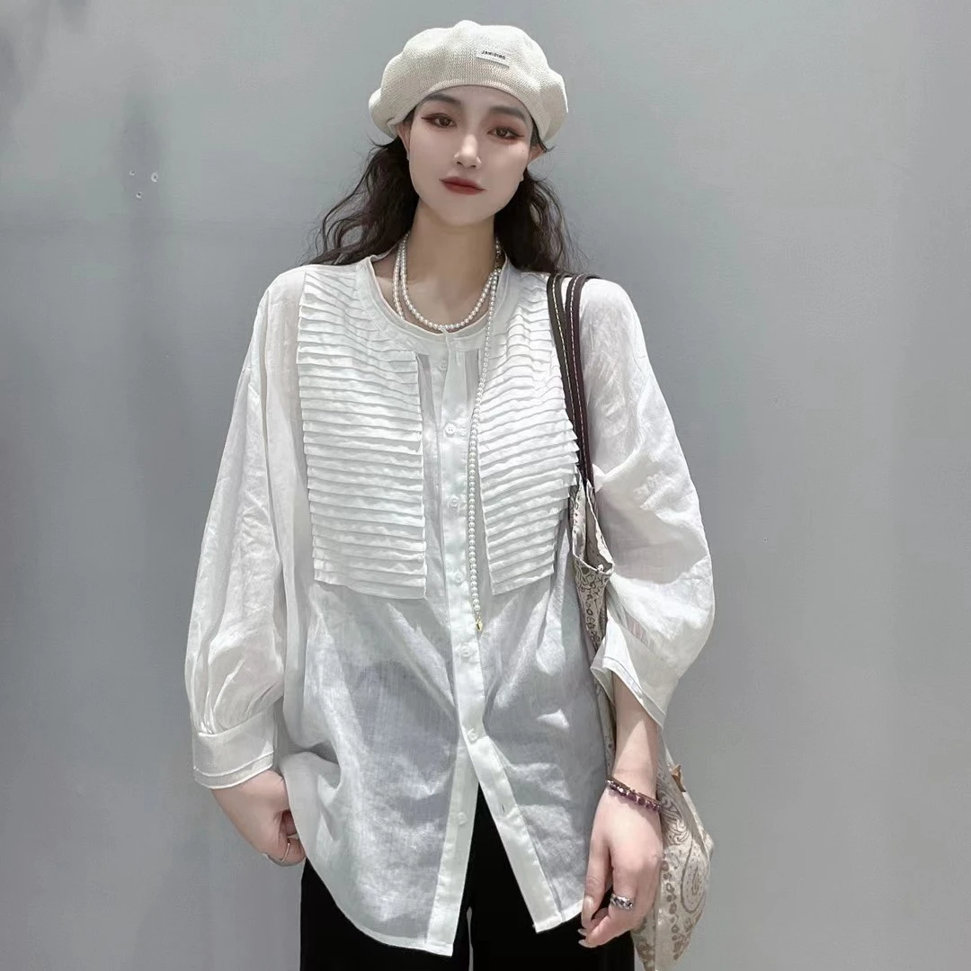 

BOLATU Women's Accordion Pleated Shirt Spring Lady Versatile Single Button Sunscreen Pure Color Original Design Long Sl...