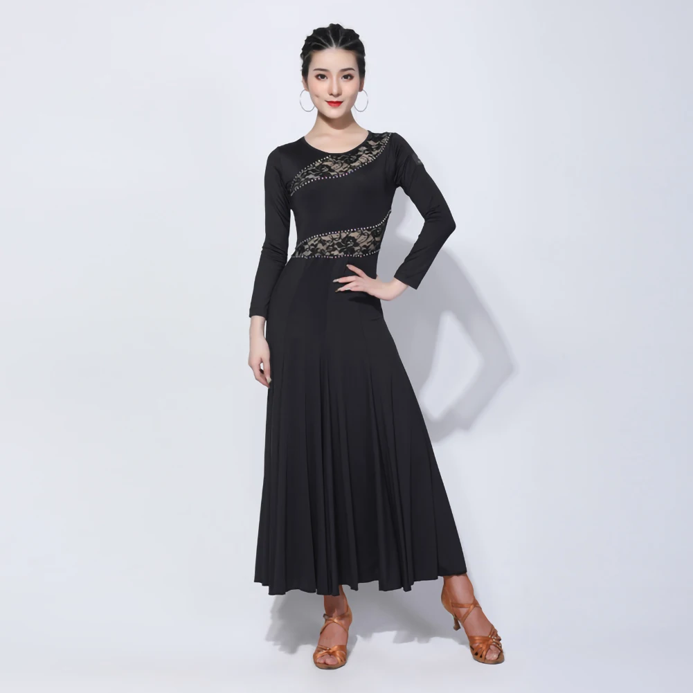 ชุดเดรสแข่งขันมาตรฐานแขนยาว ชุดแสดงบนเวทีสำหรับผู้หญิง คอกลม สีแดงไวน์ แขนสั้น ประดับคริสตัลสำหรับเต้นบอลรูม