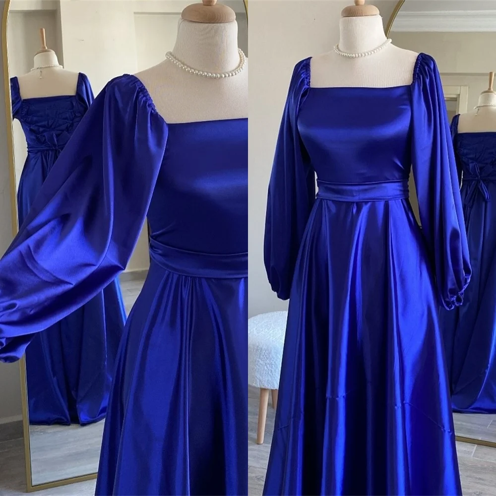 Customized Square Collar Satin Long Sleeves Evening Dress Formal A-Line Floor Length Homecoming Dresses Sweep Train Party Gowns