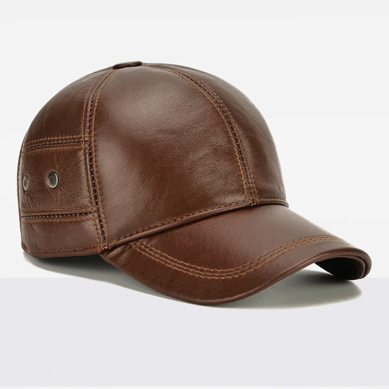 2024 New Style Men Cowhide Hat Winter Warm Outdoor Protect Ear Real Leather Adjustable Baseball Cap Men Real Cowhide Leather Cap