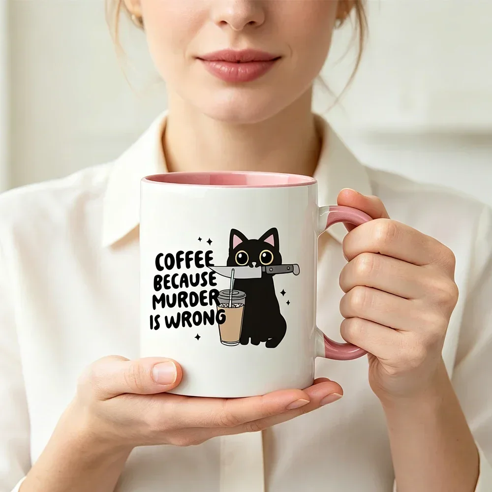 1. Coffee! Because Murder Is Wrong, 11 oz Ceramic Coffee Mug, Cat Alphabet Water Bottle, Breakfast Mug