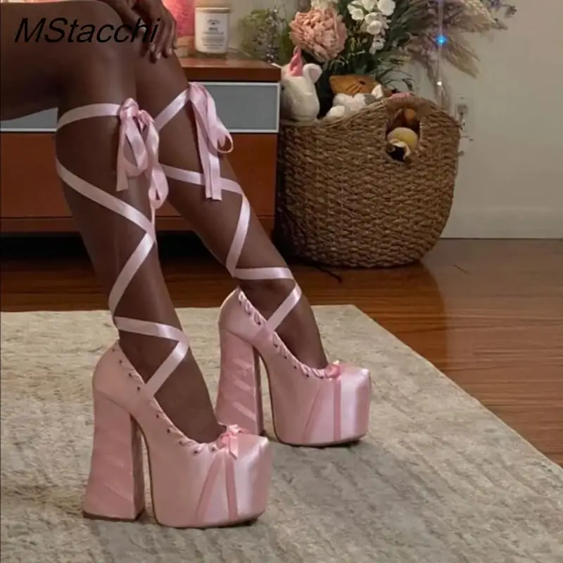 Lace Up Cross Straps Bow Lolita Shoes Women Platform Satin Sandals Sweet High Block Heels Square Toe Thick Bottom Women Pumps