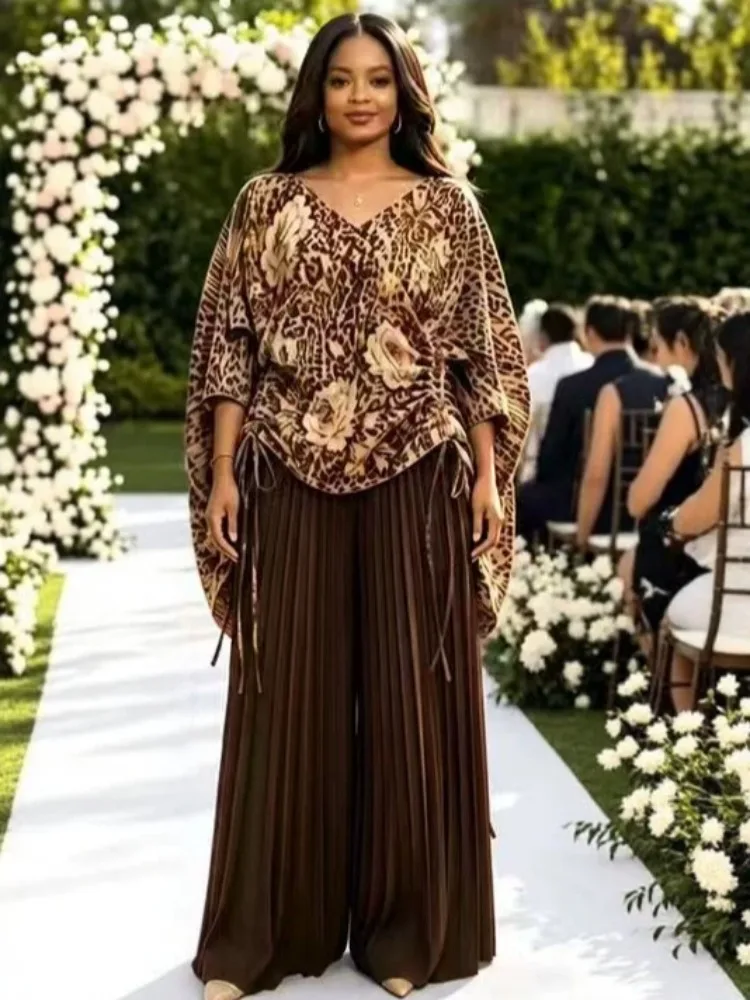 Miyake New Fashionable V-neck Drawstring Waist Printing + Wide-leg Culottes African Pleated Two-piece Suit Loose Women Clothing