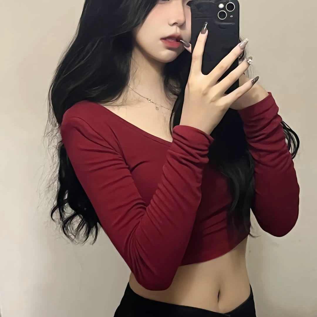 Long Sleeve T-shirts Women Sexy Sweet Cropped Tops Korean Style Skinny All-match Inner Red BF Aesthetic Navel Clothing Harajuku