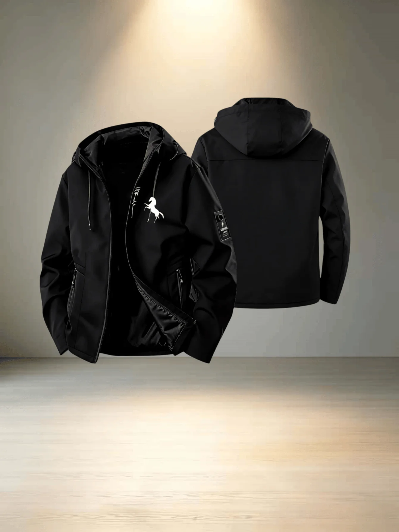 Men's hooded outdoor waterproof jacket, personalized letter print, suitable for outdoor work and daily wear,