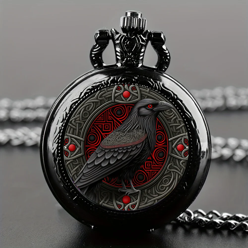 Wykwintny zegarek kieszonkowy Clever Crow w stylu vintage - mechanizm kwarcowy, okrągła tarcza, unikalny czarny naszyjnik na pamiątkę dla dzieci