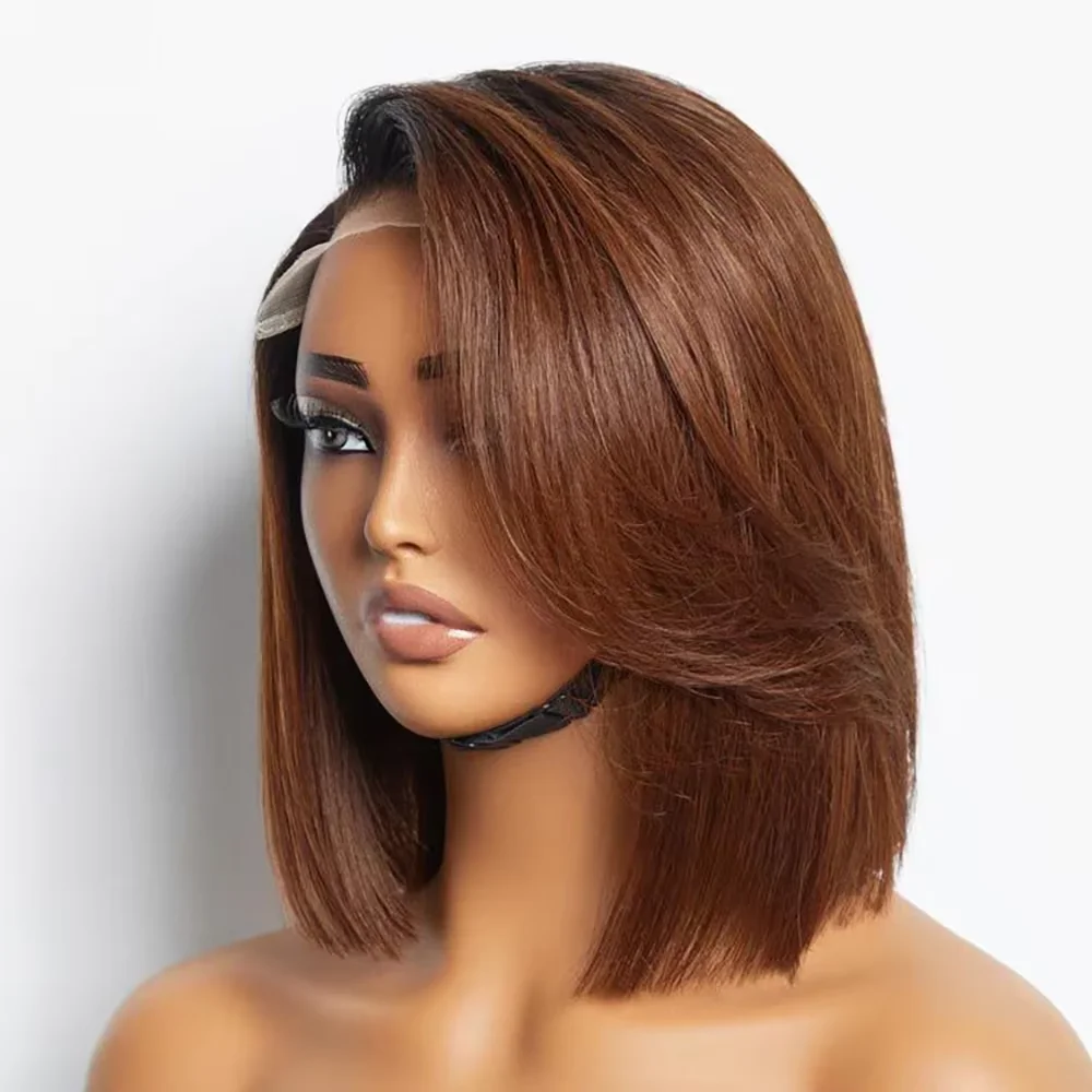 Perruques en cheveux humains châtain chocolat, coupe courte droite bob, densité 220, lace frontale complète HD transparente 13x4, pré-épilées, 8-14 pouces