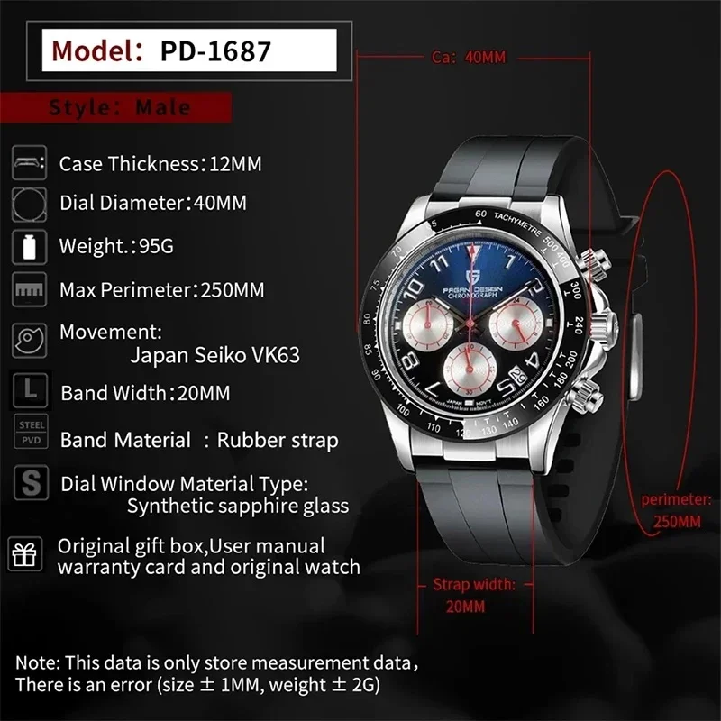 PAGANI DESIGN PD-1687 Luxury Men Rubber Quartz Chronograph Watch, Japan VK63 Movt, Sapphire Glass Waterproof Clock Reloj Hombre
