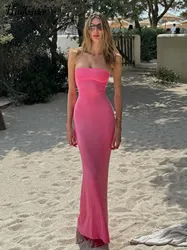 Hugcitar Elegant Women Solid Strapless Backless Bandage Sexy Bodycon Maxi Dress Summer Women Y2K Clothes Beach Vacation Party