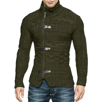 Men’s High-Neck Buckle Cardigan 6 Men Sweaters Autumn Winter High Neck Sweater Men's Leather Buckle Long Sleeve Knitted Cardigan Coat Large Size Men Clothing 6