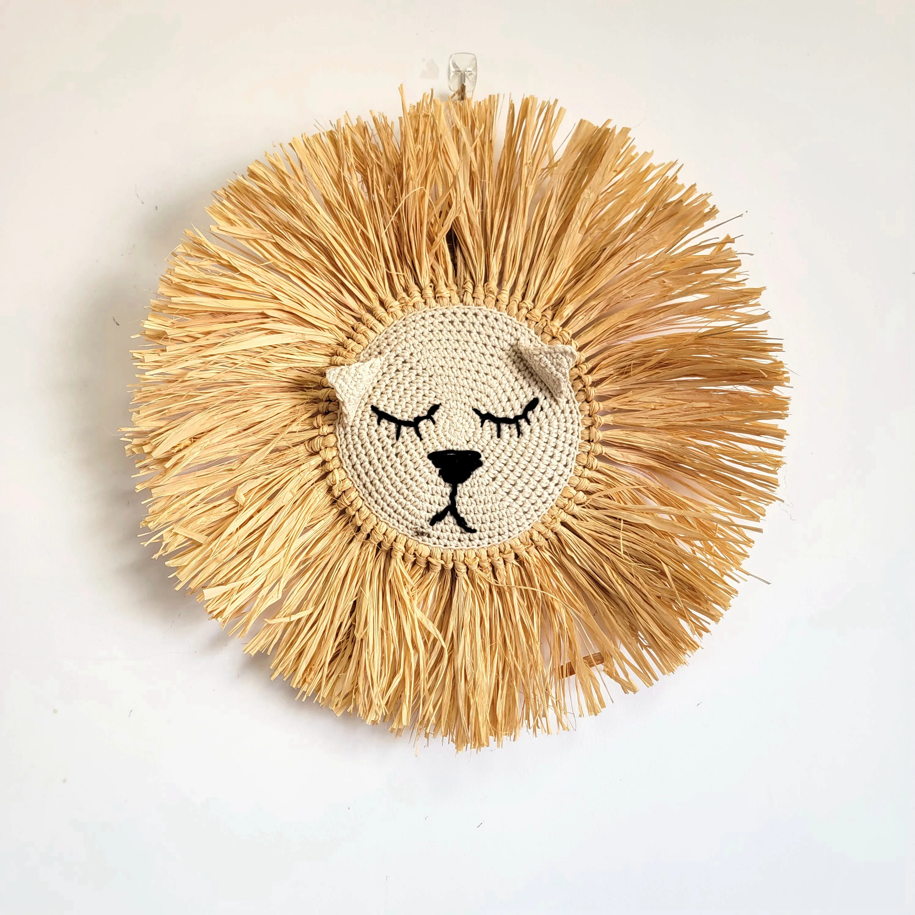 Raffia Lion Head Wall Decorative Hanger - D46cm - Natural Fiber Artwork for Home Decoration
