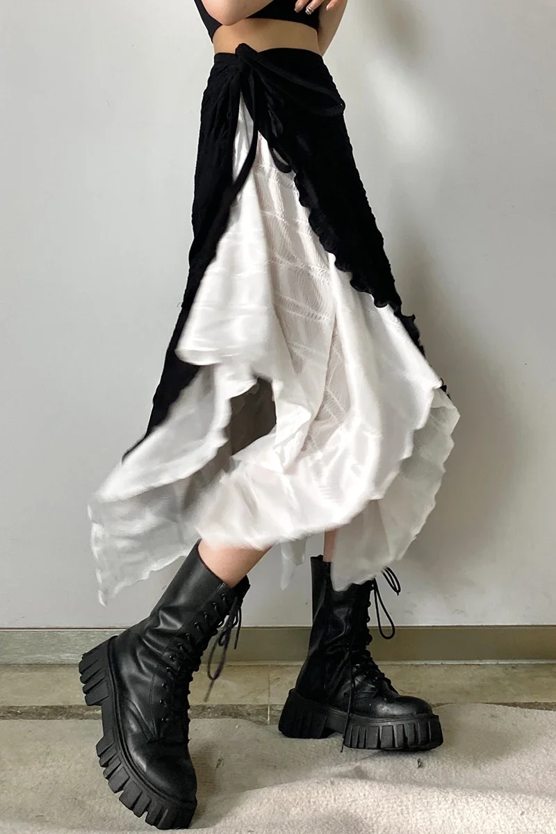 Harajuku Punk Style Skirts Women High Waist Splicing Irregular Gothic Skirt Black White Fashion Streetwear Lace Up Skirt