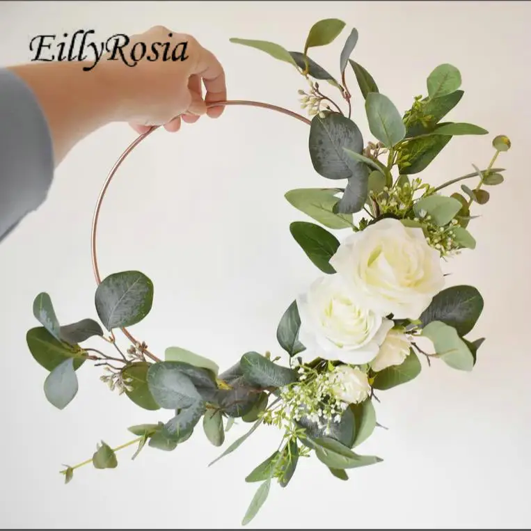 EillyRosia Rose Gold Ring Flower Hoop Bouquet for Bridesmaids Eucalypse White Roses Aritificial Floral Wreath Bridal Garland