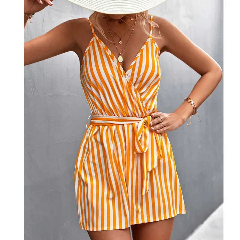 Sleeveless Summer Sexy Striped Jumpsuit Casual Lace-up Women Dress V-neck Suspender Women Fashion Backless Yellow Vestidos