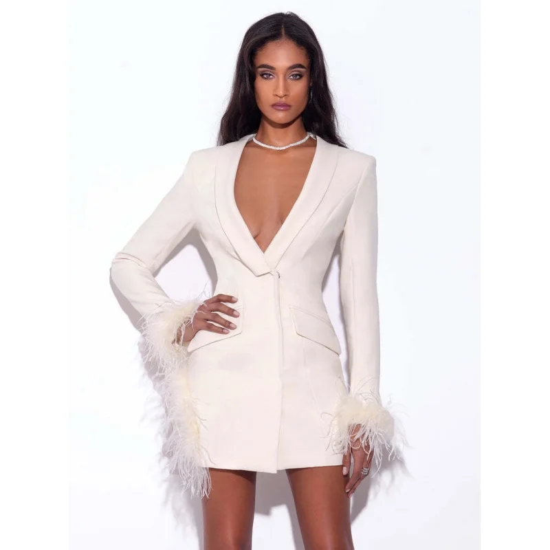 Feather suit jacket dress stitching sequined slit hip skirt deep V-neck feather cuff dress original