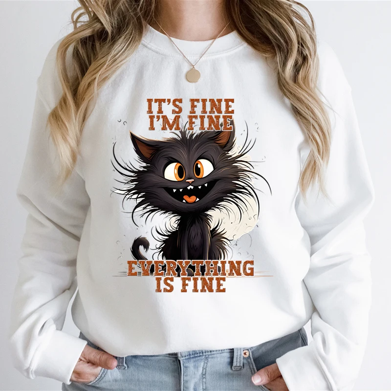 Cartoon Black Cat It's Fine I'm Fine Everything Is Fine Graphic Men Women Fashion Sweatshirts Unisex Cute Cat Sweatshirt Hoodie