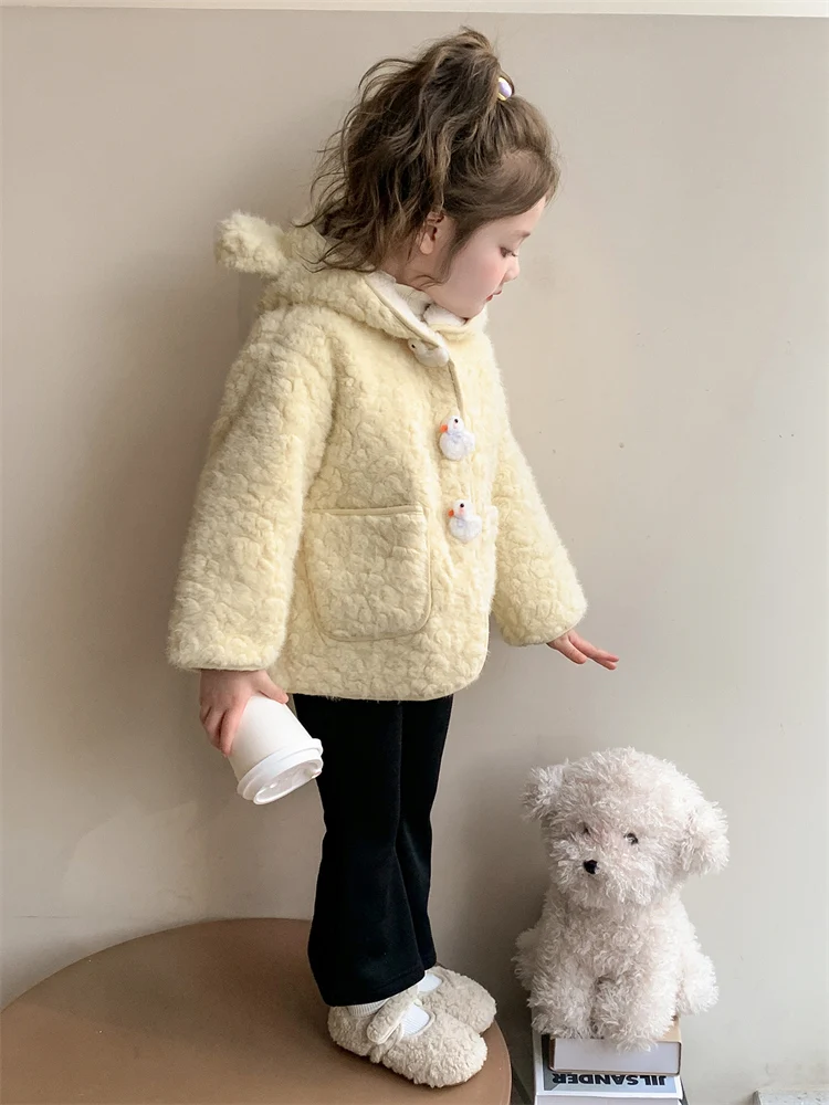 Chaqueta de Invierno con Capucha para Niñas, Estilo Coreano, Abrigo Cálido y Moderno, Cierre de Botones, Color