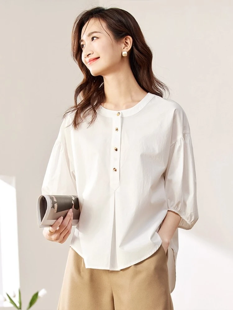 

Sentubila Vintage Shirt For Woman 2025 Sumer Design O-neck Three Quarter Lantern-sleeve Loose-fitted Shirt Vintage 132C48239