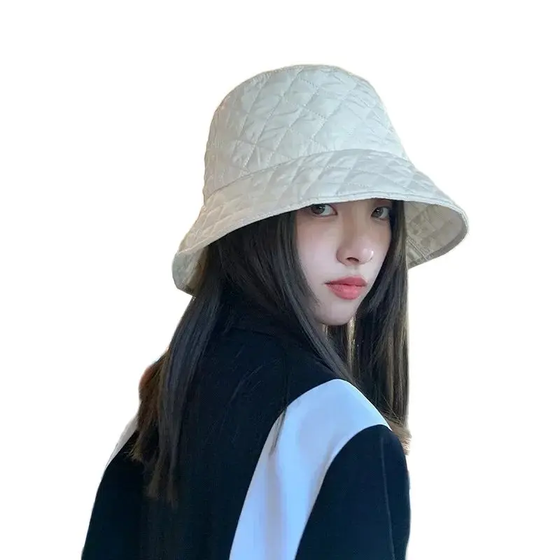 Women Winter New Ultra-light Down Cotton Rhombus Fisherman Hat  Cap Cotton Jacket Warm Korean Casual y2k Pot Hat Panama Caps